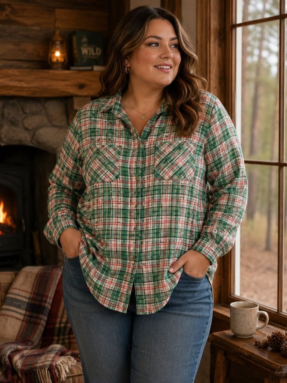 Croft & Barrow Plus Size 2X Plaid Flannel Shirt Green Red Cottagecore Cabincore